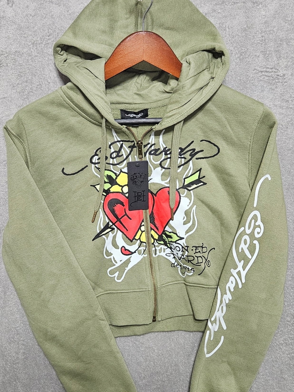 Ed Hardy Olive Green Zip Hoodie with Graphic Heart